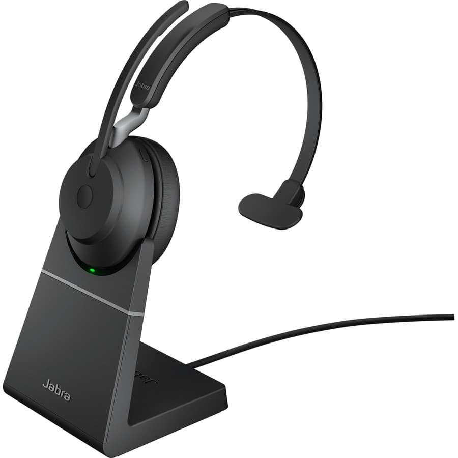 Jabra Evolve2 65 Link380C UC mono wireless headset in black with stand and over-the-head design