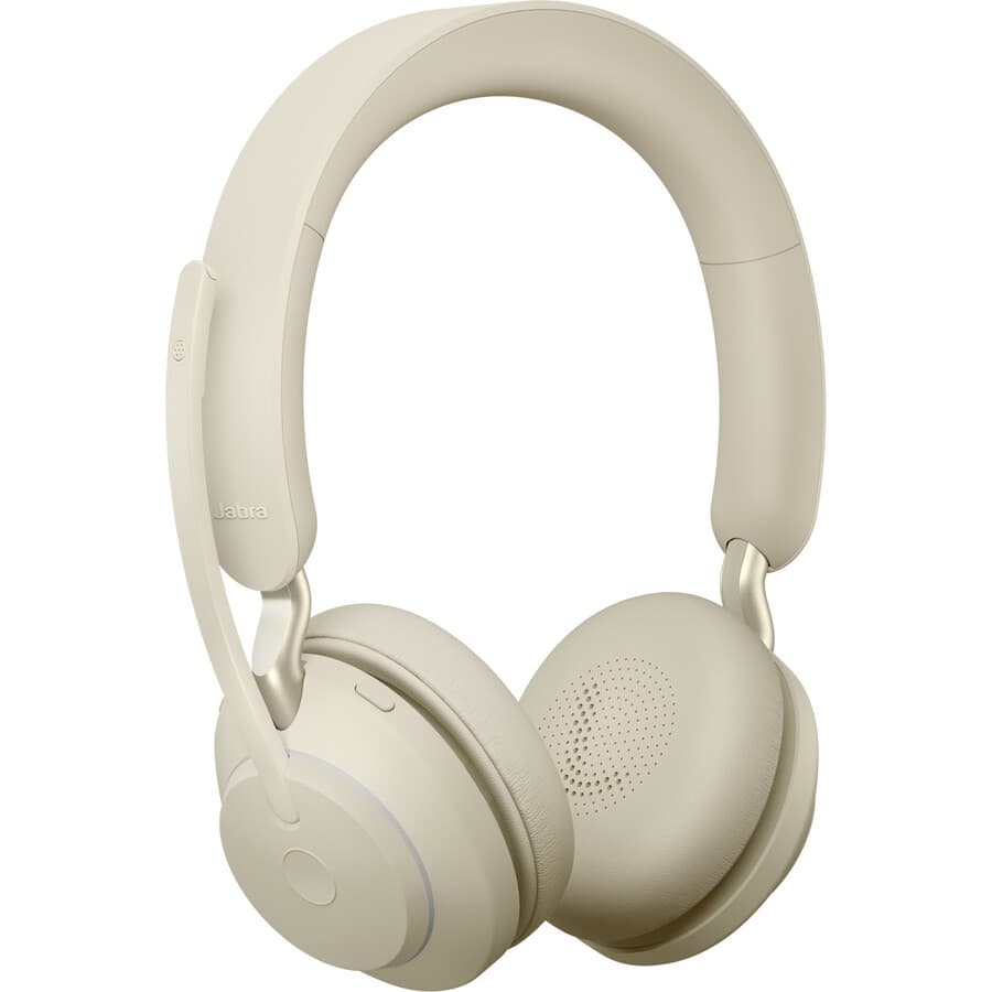 Jabra Evolve2 65 Link380A UC stereo wireless headset in beige with over-the-head binaural design