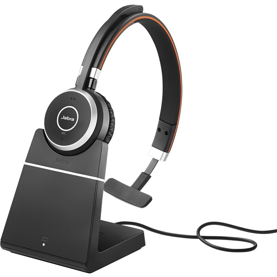 Jabra Evolve 65 SE wireless mono business headset with charging stand and USB adapter