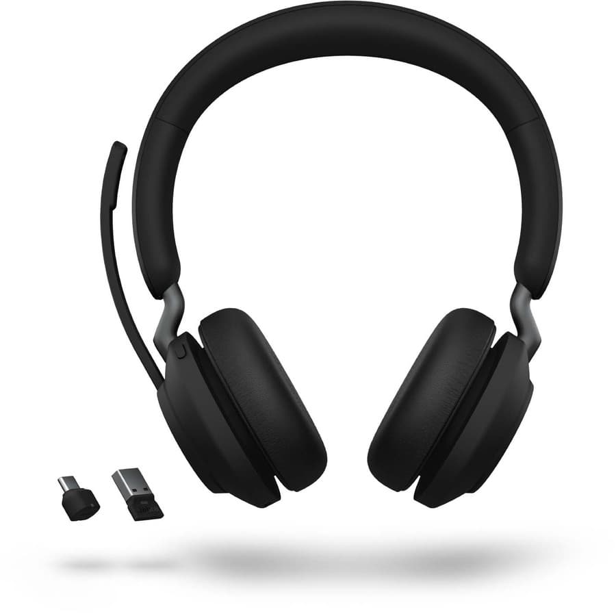 Jabra Evolve2 65 Link380C UC mono wireless headset in black with stand and over-the-head design