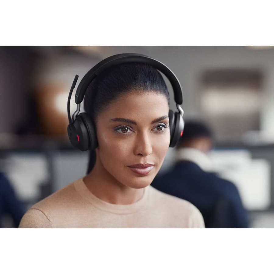 Jabra Evolve2 65 Link380C UC mono wireless headset in black with stand and over-the-head design
