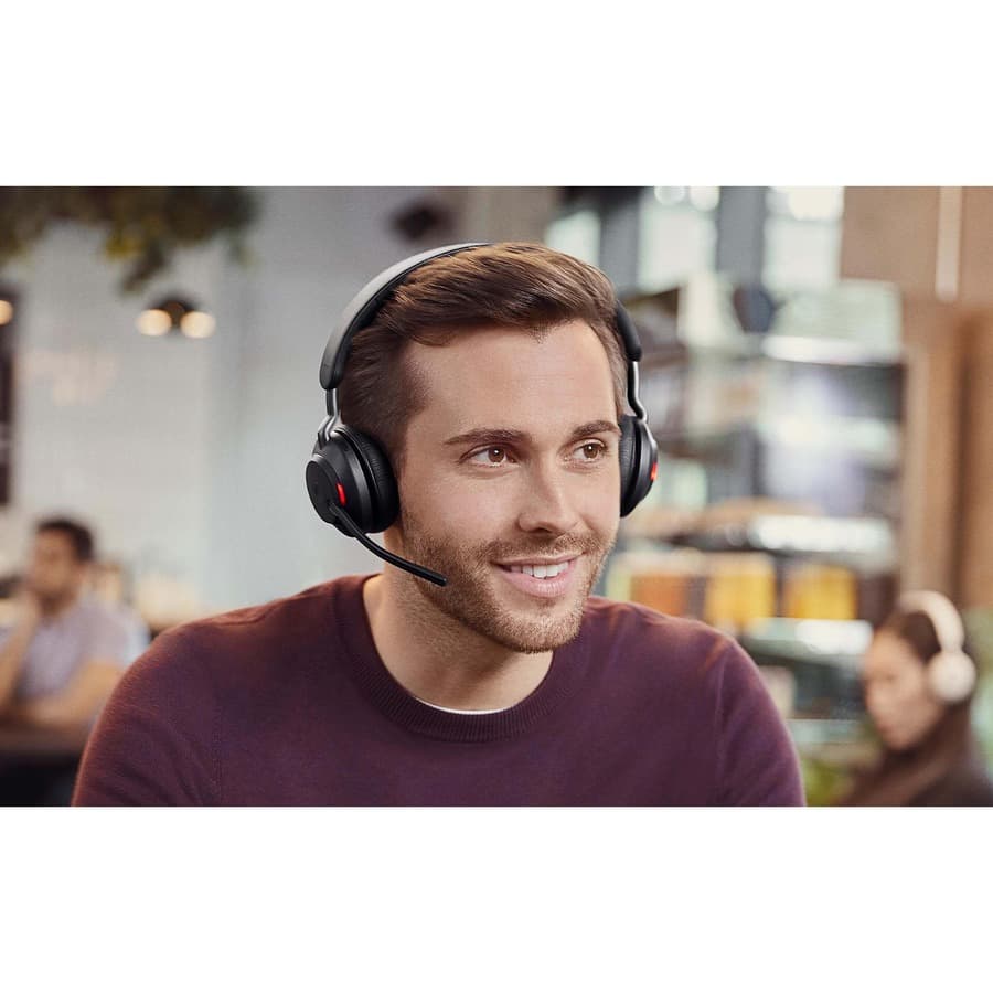 Jabra Evolve2 65 Link380C UC mono wireless headset in black with stand and over-the-head design