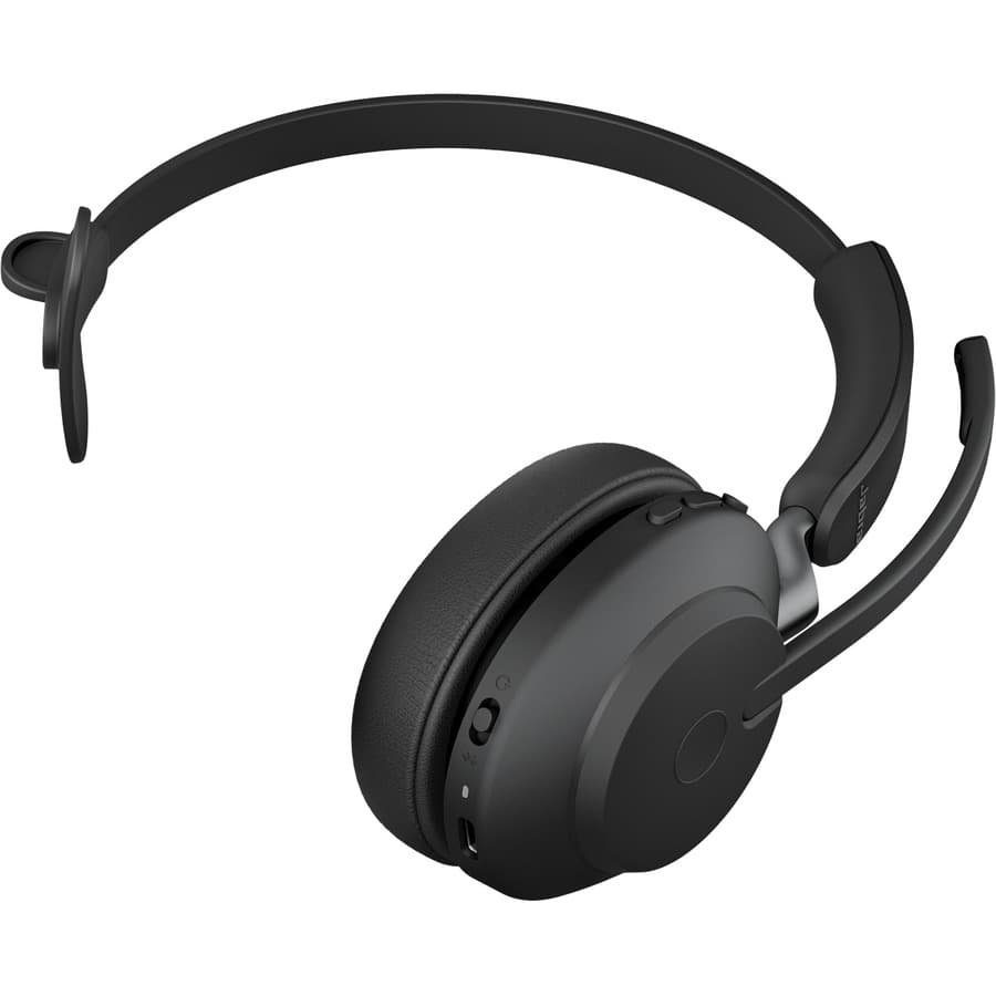 Jabra Evolve2 65 Link380C UC mono wireless headset in black with stand and over-the-head design