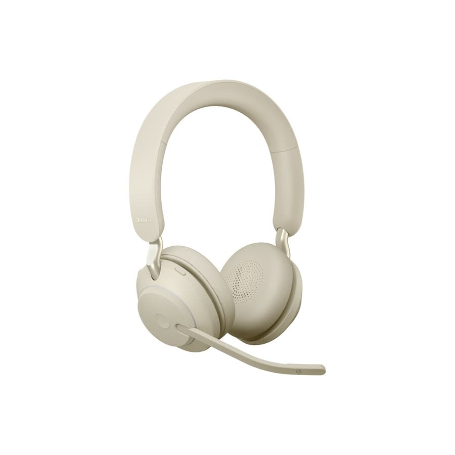 Jabra Evolve2 65 Link380A UC stereo wireless headset in beige with over-the-head binaural design
