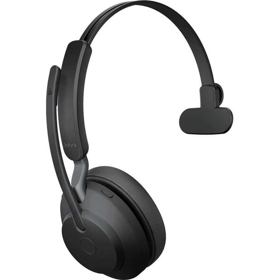 Jabra Evolve2 65 Link380C UC mono wireless headset in black with stand and over-the-head design
