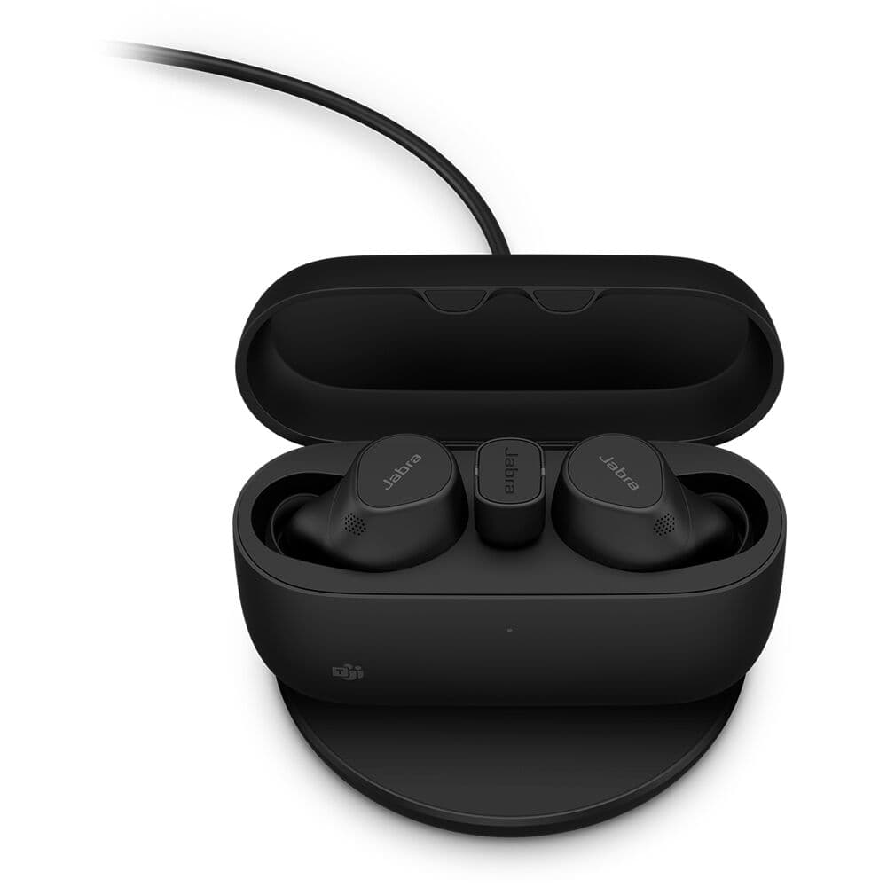 Jabra Evolve2 Buds USB-C UC WCP wireless earbuds with charging pad