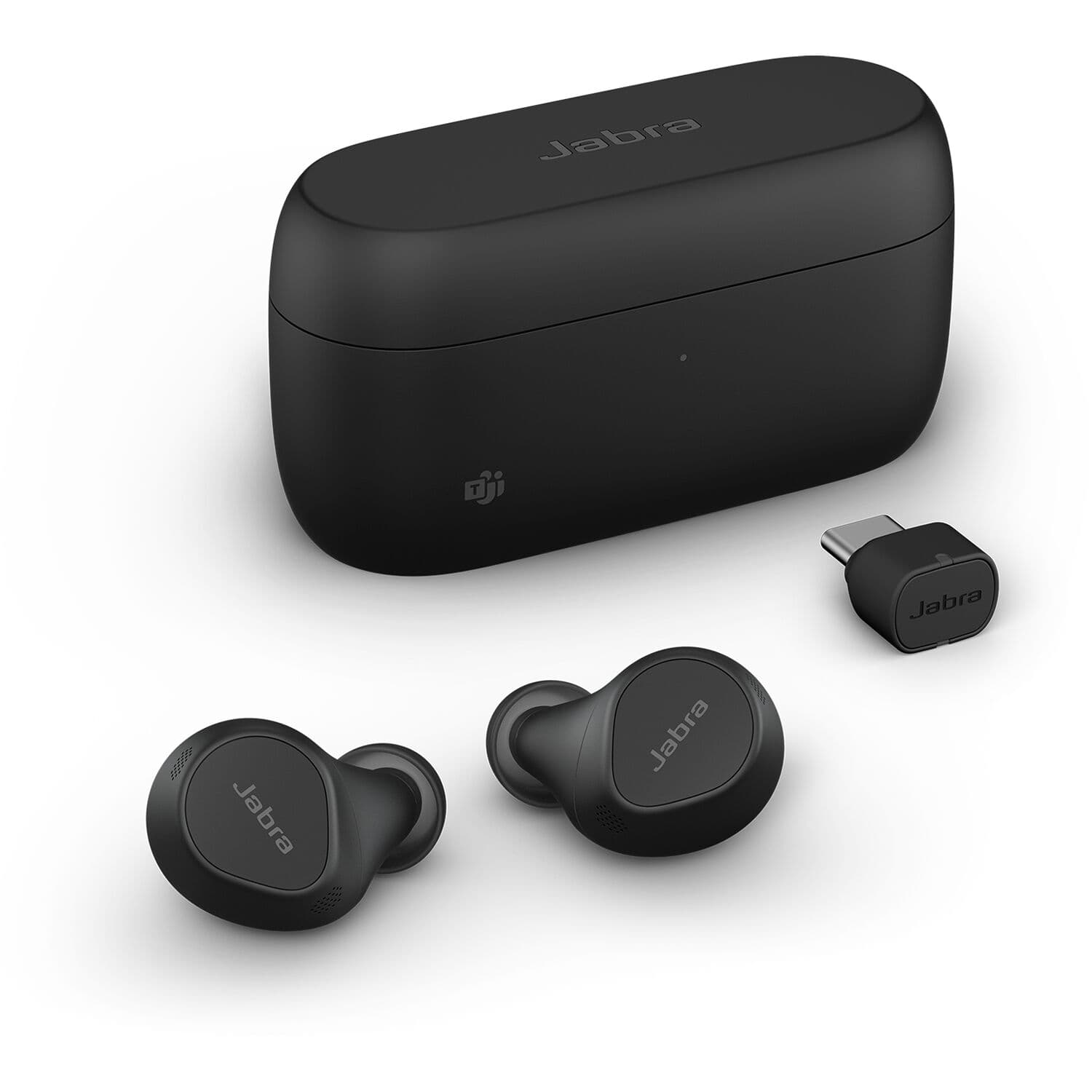 Jabra Evolve2 Buds MS wireless earbuds with USB-A and wireless charging pad in black
