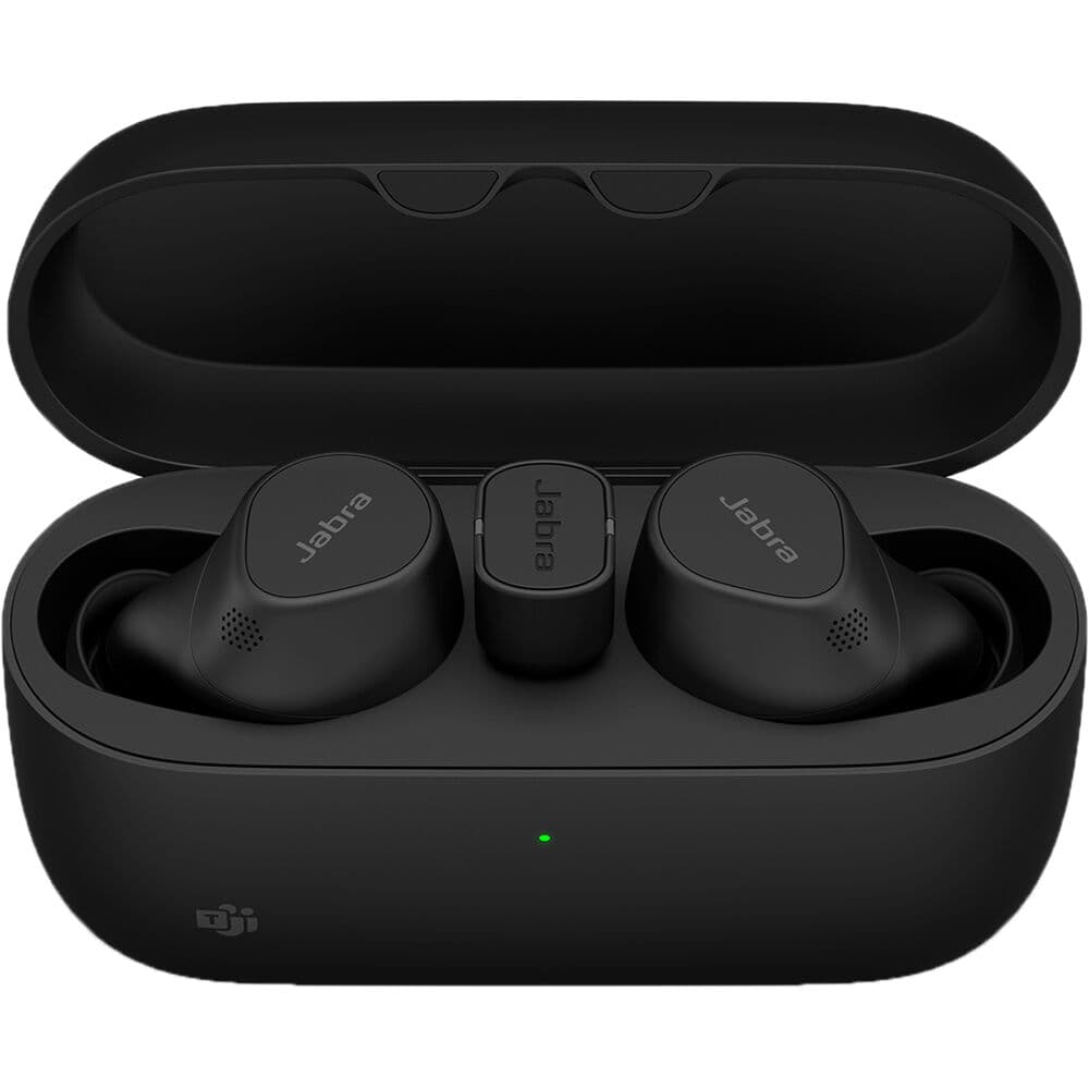 Jabra Evolve2 Buds MS wireless earbuds with USB-A and wireless charging pad in black