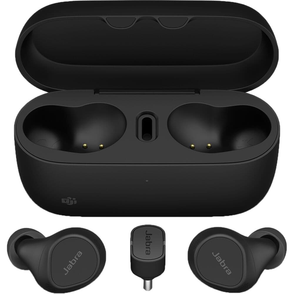 Jabra Evolve2 Buds MS wireless earbuds with USB-A and wireless charging pad in black