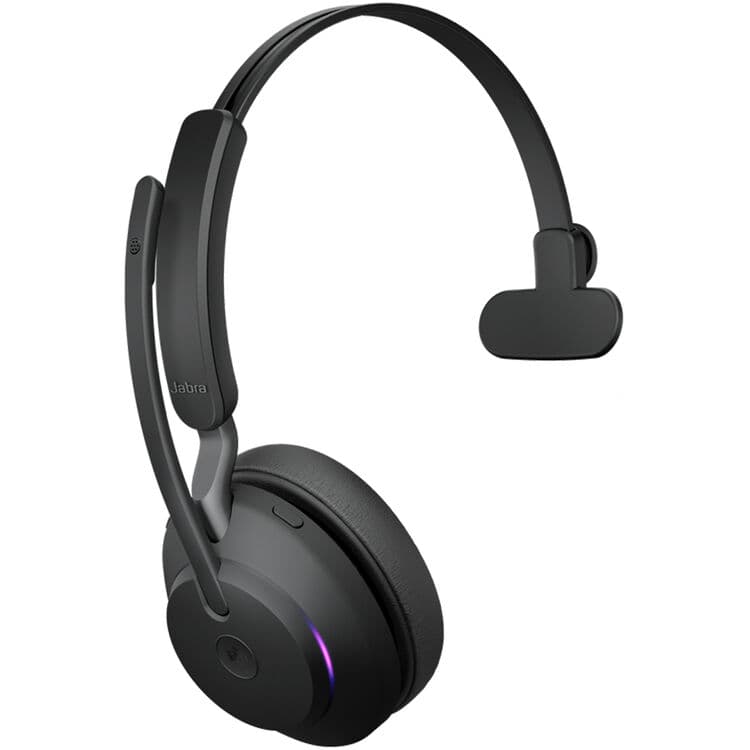 Jabra Evolve2 65 mono wireless headset in black with USB adapter