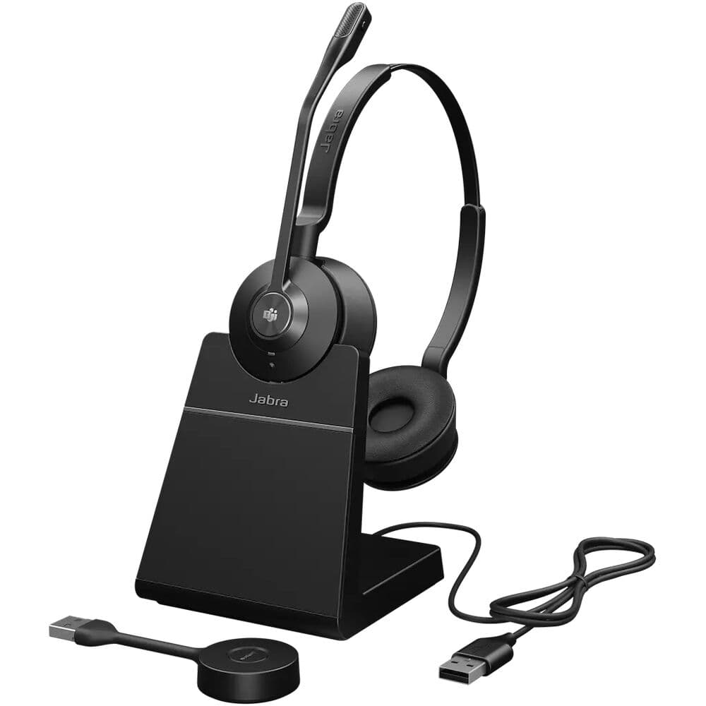 Jabra Engage 55 SE stereo wireless headset with over-the-head binaural design and USB-A Link 400A adapter